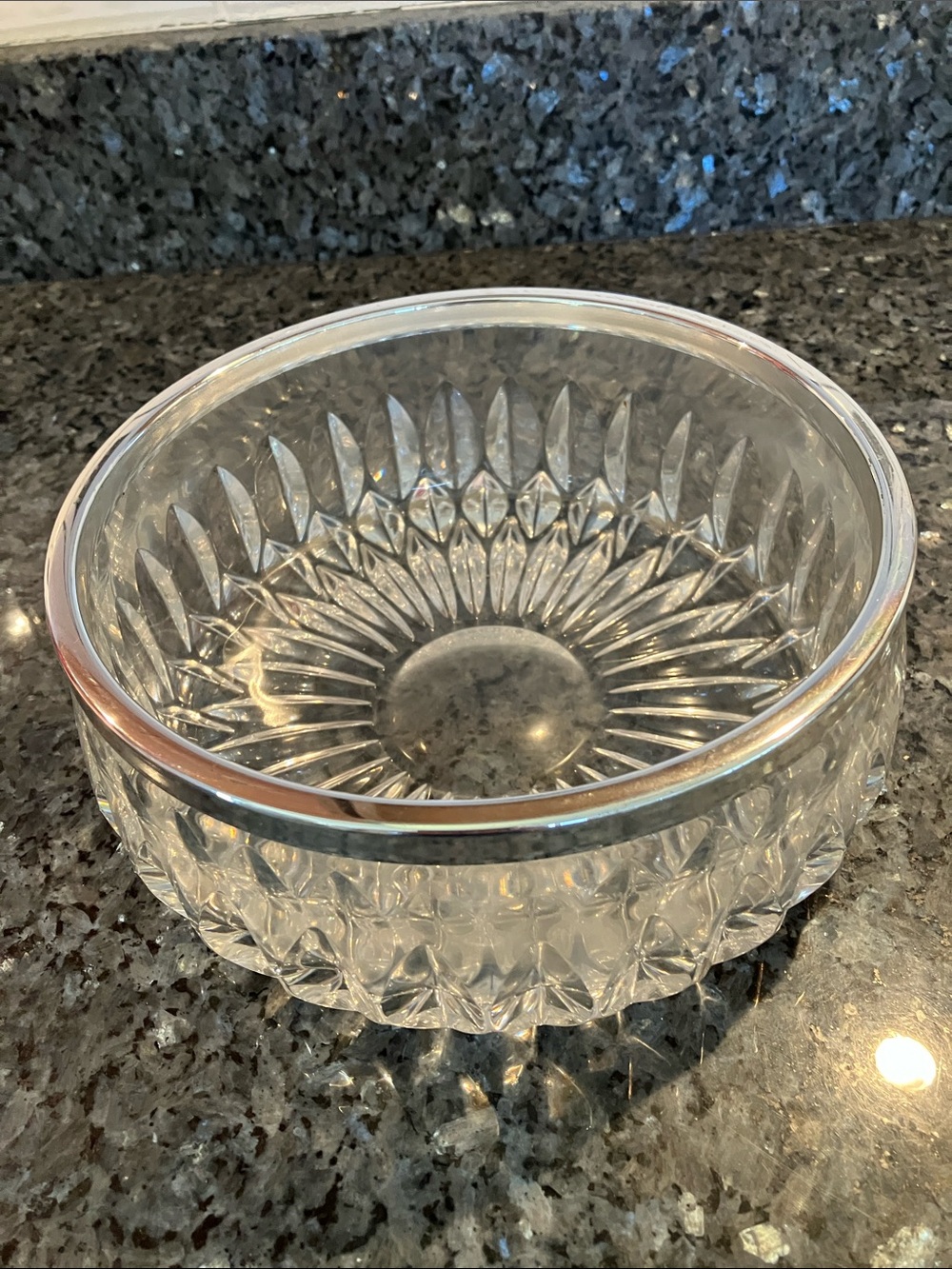 Vinegar Cut Clear Glass Crystal Bowl with Silver Plated Rim Serving Bowl